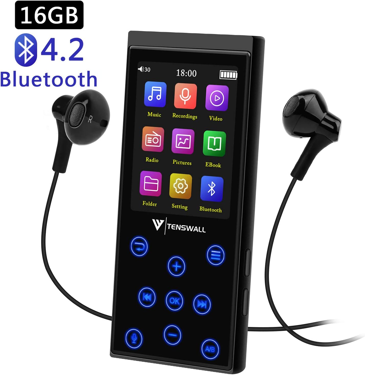 MP3 Player Portable Lossless Sound 16GB MP3 Player with Bluetooth 4.2, 2.4Inch Large Screen Hi-Fi Music Player With Headphone FM Radio Voice Recorder, Support up to 128GB
