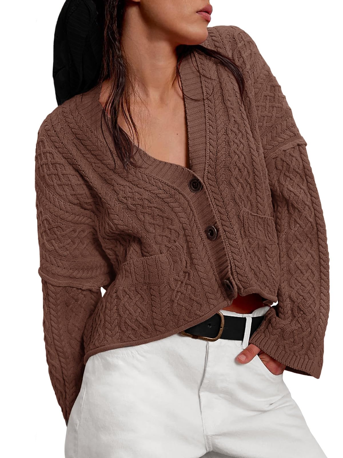 Photo 1 of Yousify Womens Cable Knit Cardigans Fall Oversized Long Sleeve Button Open Front Casual Sweater Coats Brown