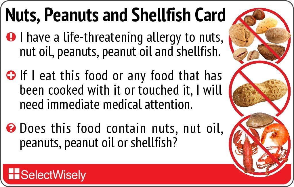 Nuts, Peanuts and Shellfish Allergy Translation Card - Translated in Spanish or Any of 33 Languages