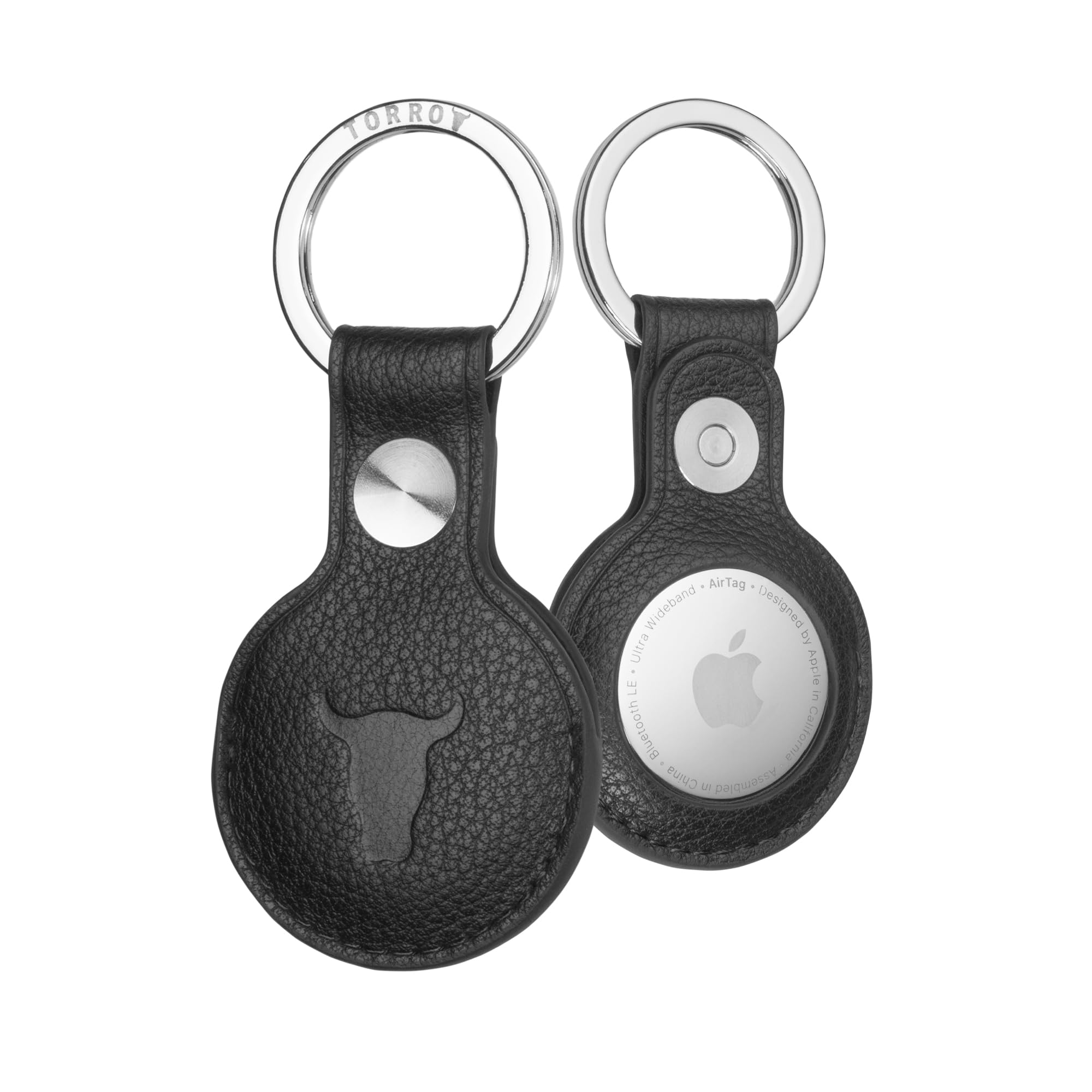 TORRO Leather Keyring/Keychain Compatible with AirTag (2021) and AirTag (2026) – Premium Leather Key Holder with Brushed Metal Ring (Black)