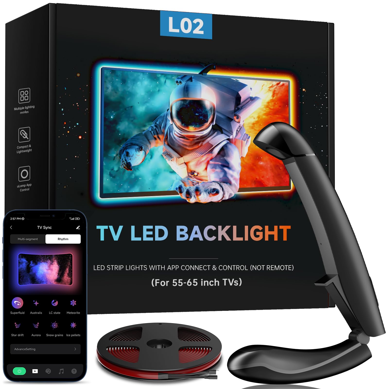 Photo 1 of QTU TV LED Backlight, 14.7ft LED Lights for 55-65 Inch TVs & PC Monitors, Smart App Control TV Lights That Change with TV, USB-C Powered, RGB LED Strip Lighting Sync to Screen