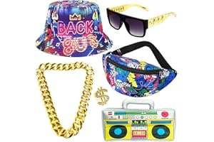 Gionforsy Hip Hop Costume Kit 80s 90s Outfits Accessories Rapper Accessories Bucket Hat Sunglasses Gold Chain Ring