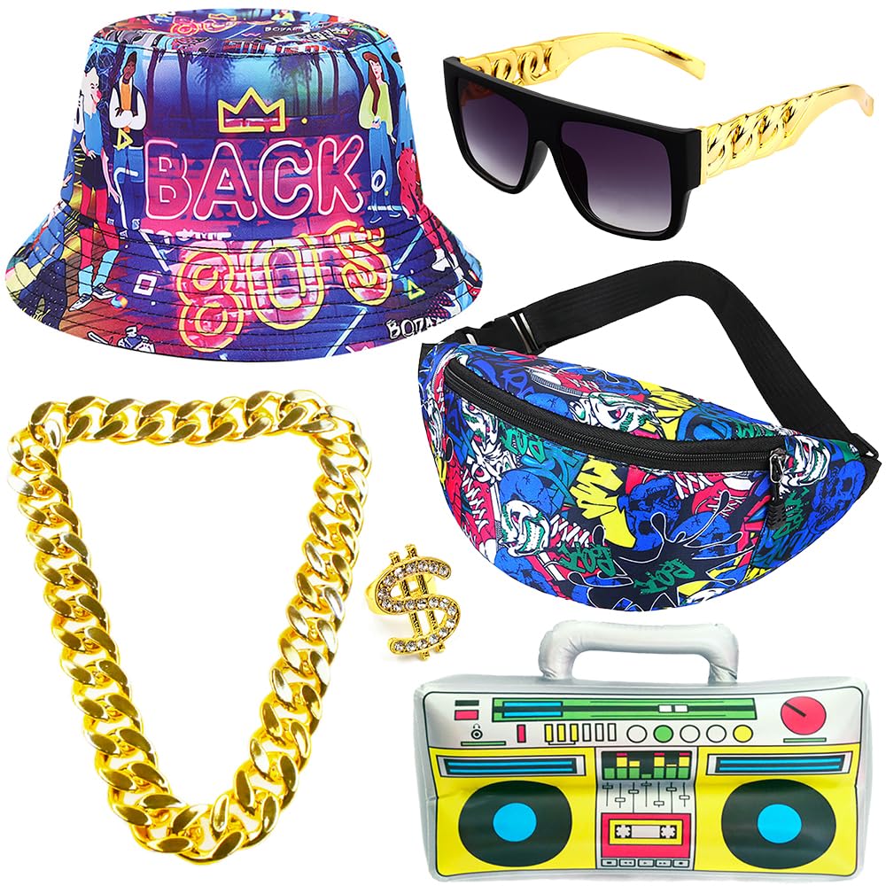 Photo 1 of Gionforsy Hip Hop Costume Kit 80s 90s Outfits Accessories Rapper Accessories Bucket Hat Sunglasses Gold Chain Ring (Back to the 80s)
