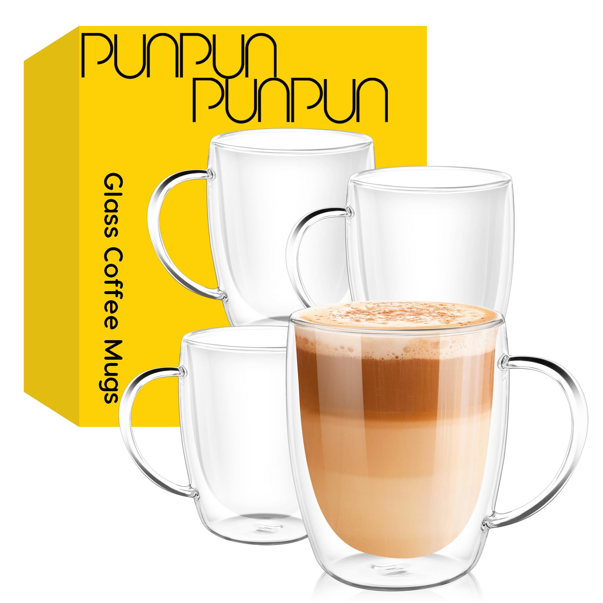 PunPun Clear Coffee Cups Set of 4, Double Wall Glass Mugs with Big Handle, Iced or Hot Beverages, Espresso Cups (380ml / Set of 4)