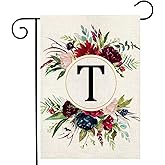 Monogram Letter T Garden Flags, Summer Garden Flag 12x18 Double Sided Floral Yard Flags Small Burlap Family Last Name Initial Garden Flag for Outside Decorations(T)