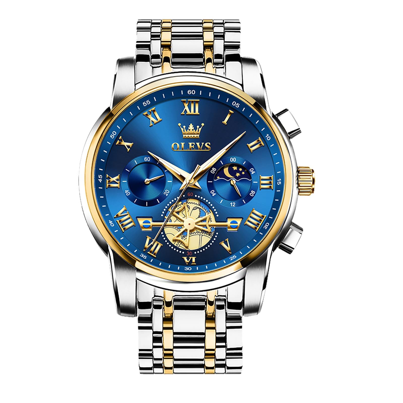 OLEVS Large Analogue Men's Watches Metal Strap Quartz Stainless Steel Men's Watch with Moon Phase Luminous Chronograph Waterproof Watch Gifts for Men
