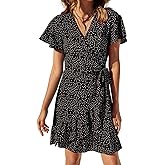 Naggoo Women's Summer Wrap Dresses V Neck Polka Dot Print Ruffle Short Sleeve Mini Floral Boho Dress with Belt