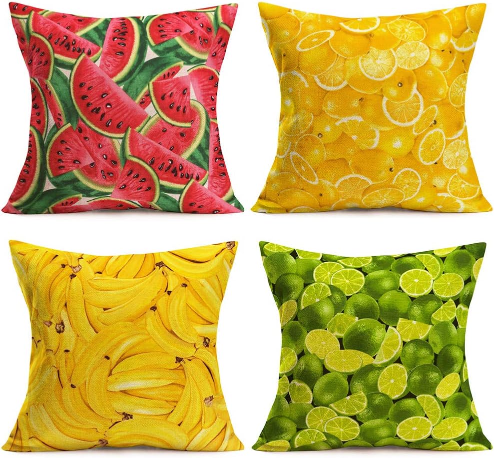 ShareJ Set of 4 Decorative Throw Pillow Covers, Fruit Watermelon Orange Lemon Banana Series Outdoor Decor Pillow Cases Garden Home Sofa Bedroom Decorative 18 x 18 Inch Cotton Linen Pillow Shams