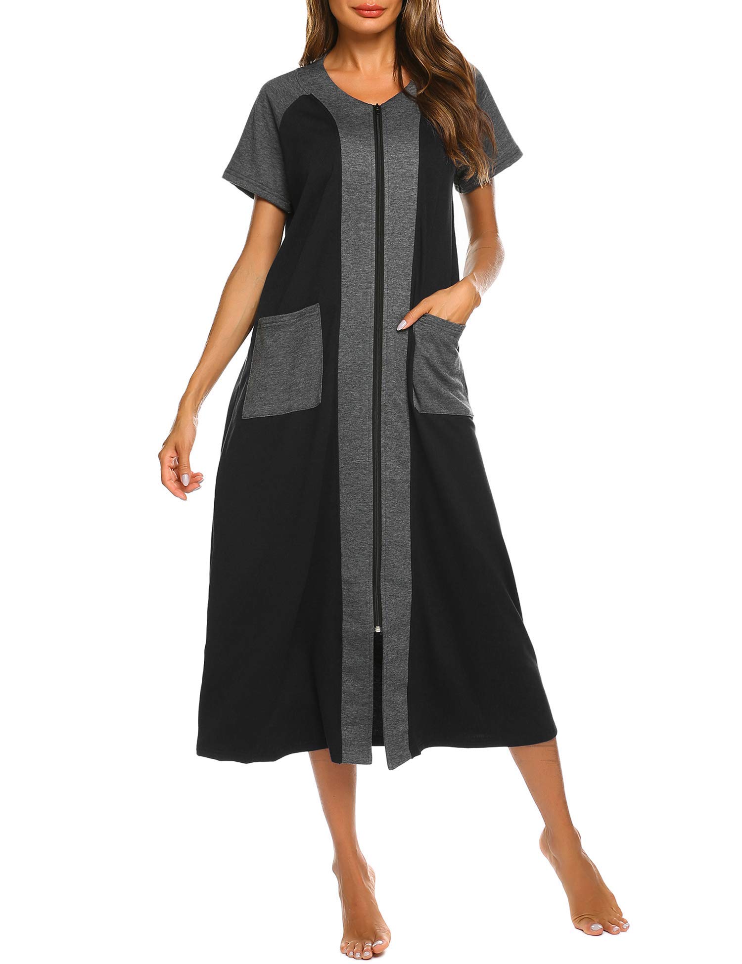 Ekouaer Women's Zip Front Housecoat Plus Size Nightgowns Short Sleeve