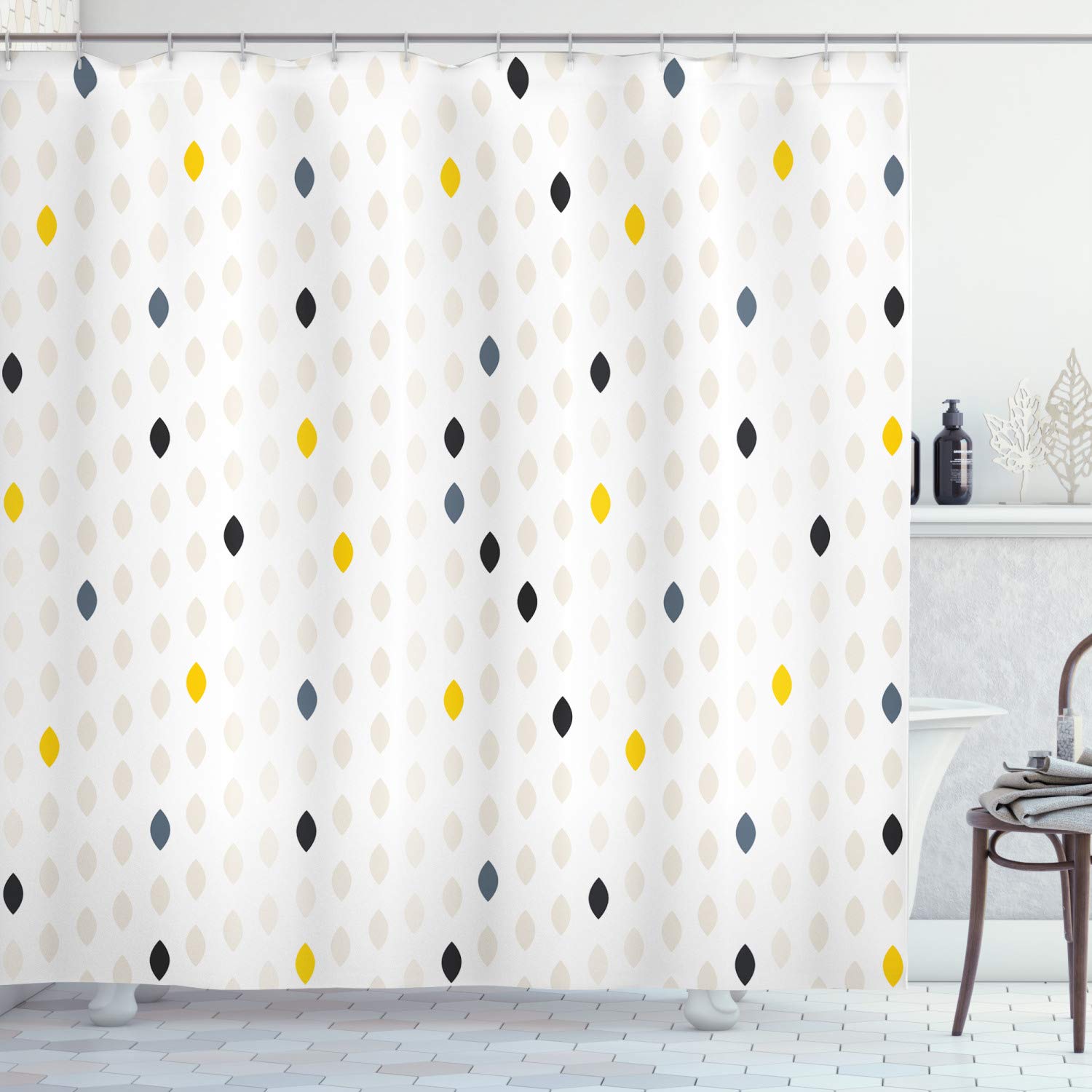 ABAKUHAUS Modern Shower Curtain, Abstract and Geometric Shapes of Polka Dot in a Tear Drop Forms Pattern of Graphic Artwork Print, Fabric Bathroom Decor Set with Hooks, 94" Inches, White Yellow Grey — image 1