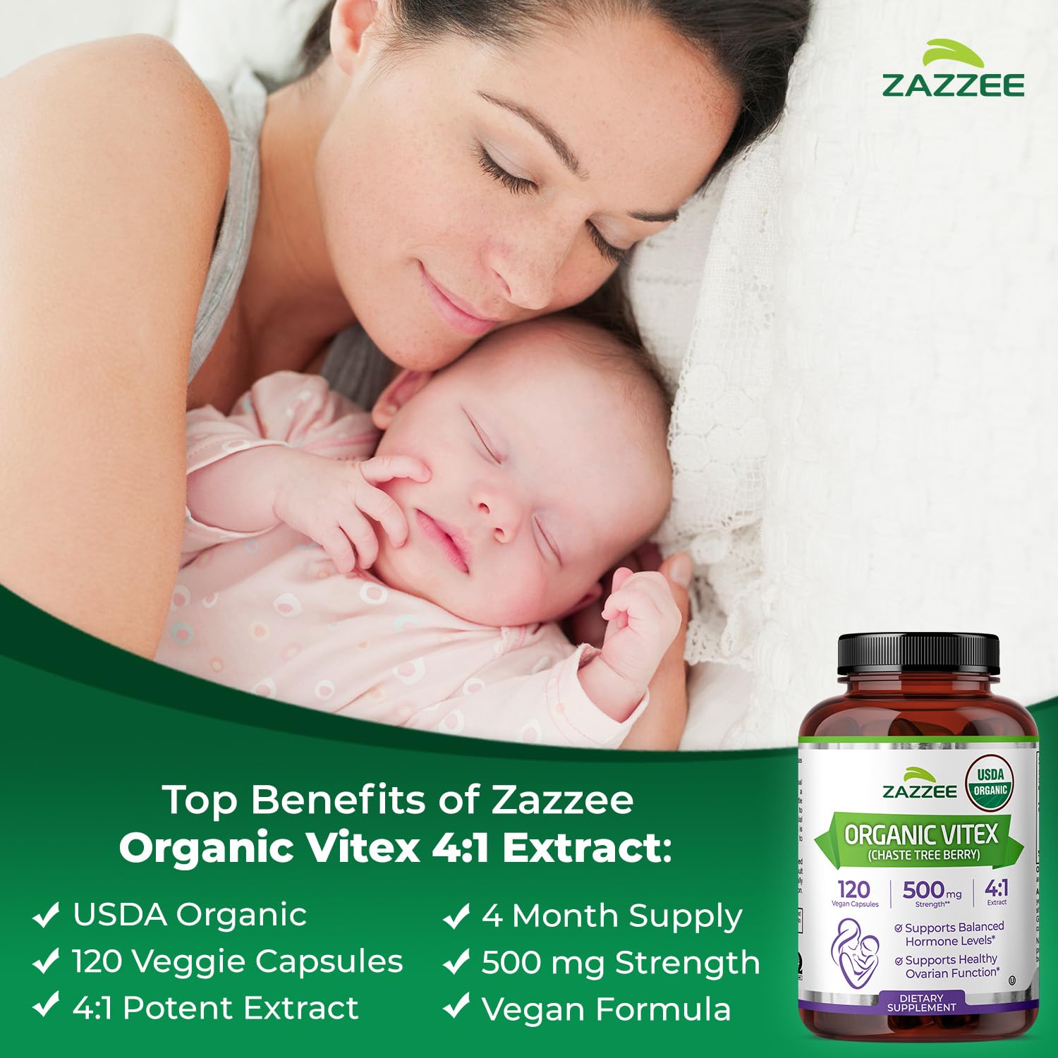 Zazzee USDA Organic Vitex, 500 mg Strength, 120 Vegan Capsules, 4 Month Supply, Kosher, Standardized and Concentrated 4X Extract, Whole USDA Certified Organic Chaste Berry, All-Natural and Non-GMO