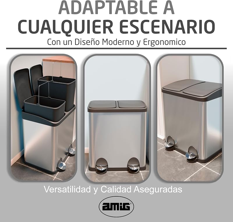 Amig - lixeira dupla com pedais | lixeira anti-impressão digital para cozinha | aço inoxidável | 2 compartimentos x 15 l | 48x32x40cm | prata