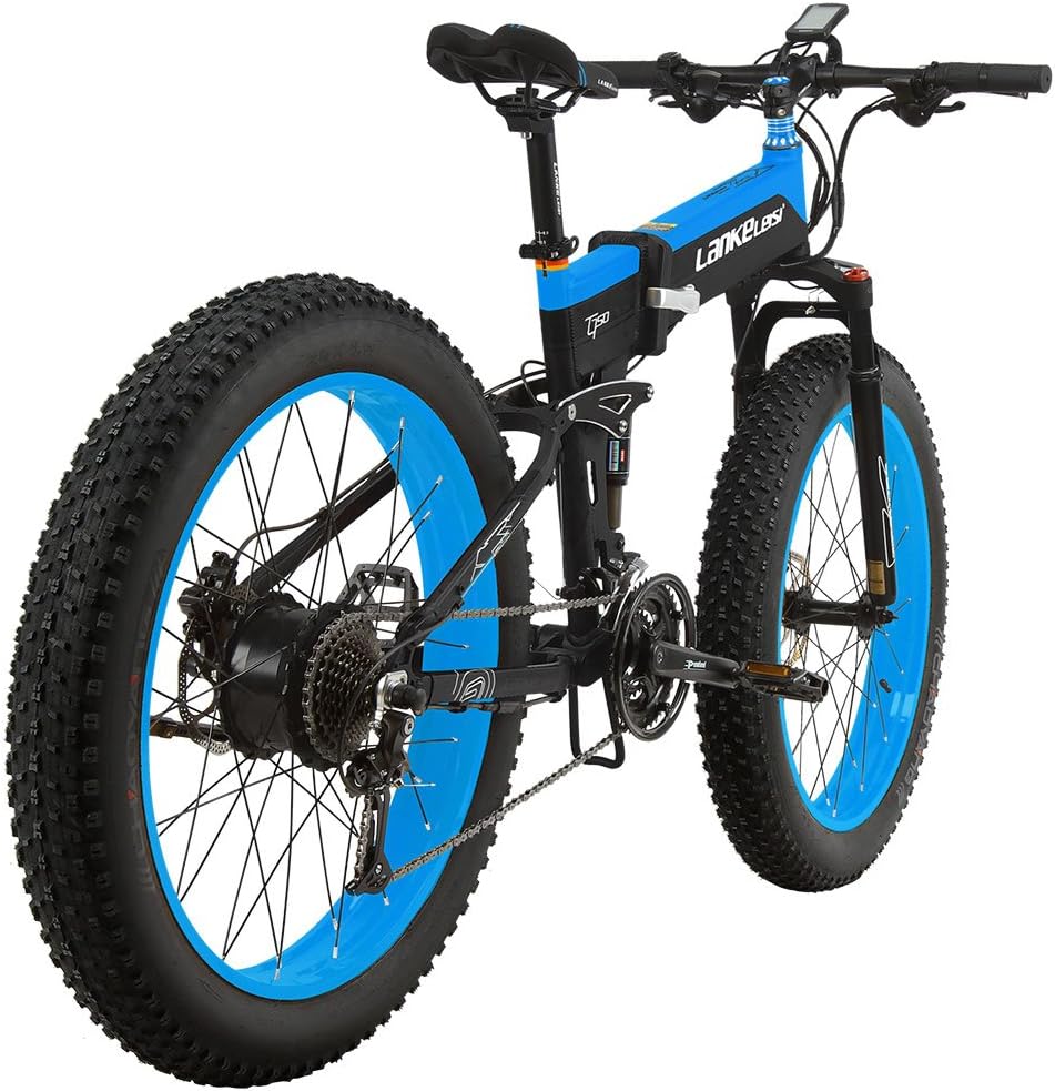 LANKELEISI T750PLUS 26'' Fat Wheel Folding Electric Bicycle 48V 14Ah Shimano 27 Speed Full Suspension Snow Mountain MTB E-Bike,Dual Hydraulic Disc Brake