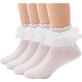 Looching 4/5 Pairs Baby Toddler Girls Ruffle Lace Socks Eyelet White Princess Cotton Cute Frilly Dress Socks for Kids 1-9T