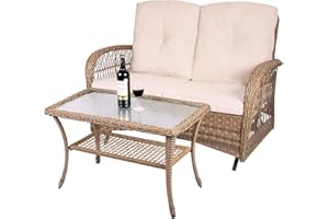 MEETWARM Outdoor Wicker Patio Glider Set with Glass-Top Coffee Table, Loveseat for 2 Person Porch Furniture Glider, Patio Glider Rocking Bench with Thickened Cushions