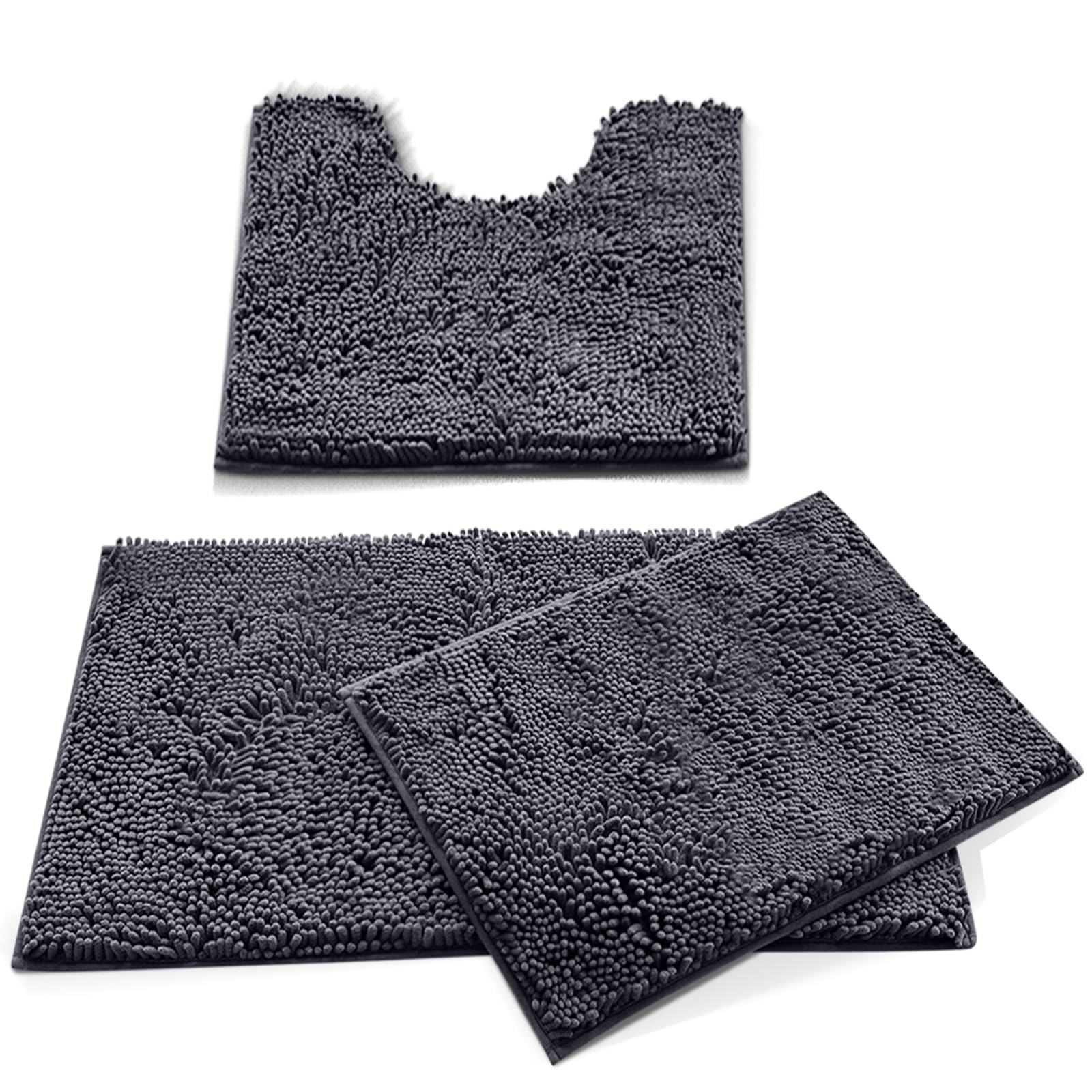 MEGAROOM Non Slip Chenille Bath Mat Sets 3 Pieces - Soft and Anti Mould Bath Mats for Safety and Comfort - Water Absorbent and Quick Drying - Bathroom Carpet Set with U-Shaped Toilet Mat（Dark Grey）