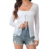 Milumia Women's Y2K Textured Tie Front Sheer Cardigan Lettuce Trim Long Sleeve Rave Top Cover Ups