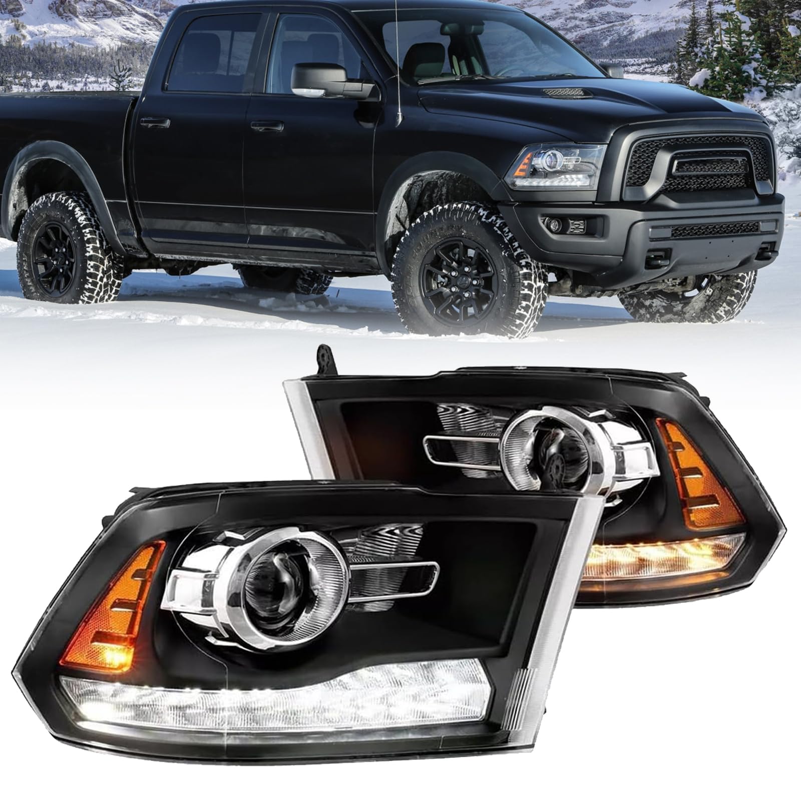 Photo 1 of MATMACRO LED Signal Headlights Assembly For 2013-2018 Dodge Ram 1500 2500 3500 Pair Halogen Headlamps (Black)