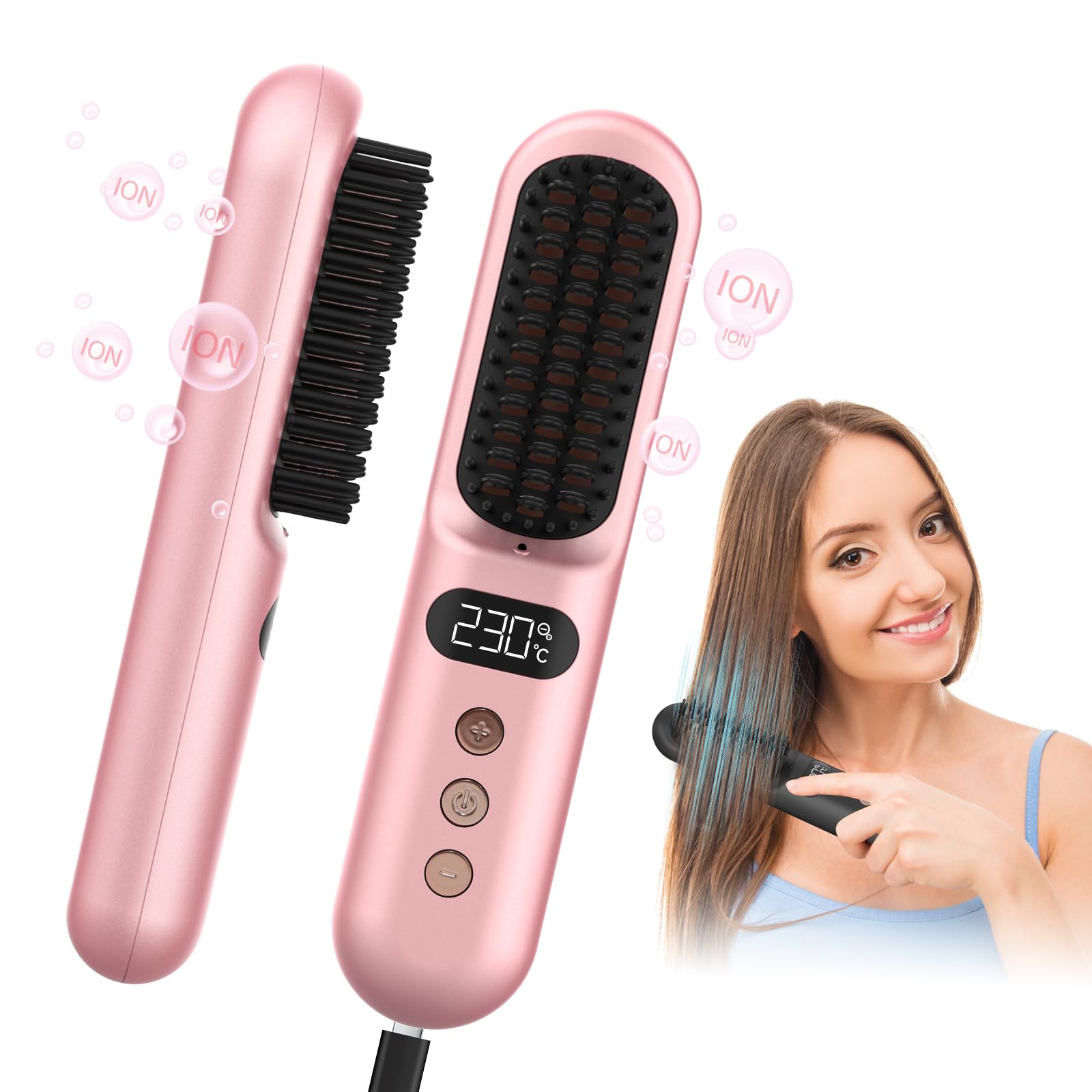 Waonsiem Cordless Hair Straightener Brush, Portable Mini Straightening Brush for Travel, Negative Ion Hot Comb Hair Straightener for Women, Ions Hot Brush, 10000mAH USB Rechargeable, Anti-Scald, Pink