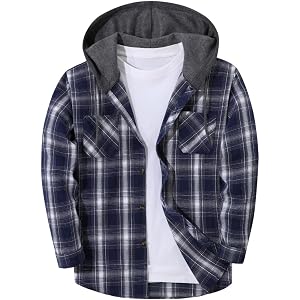 bawilom Mens Plaid Hooded Flannel Shirt Jacket Button Down Shacket | Plaid Hooded Shirt Jacket Button Front Chest Pockets Dra