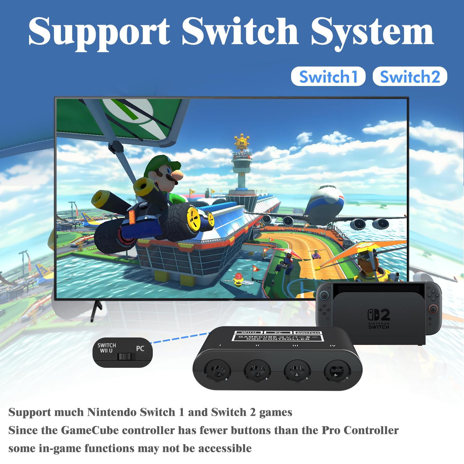 Gamecube Adapter for Nintendo Switch / Wii U / PC and Switch 2 Gamecube Controller Adapter, Super Smash Bros Adapters for NGC Controller, Support Turbo and Vibration Features with 180cm USB Cable