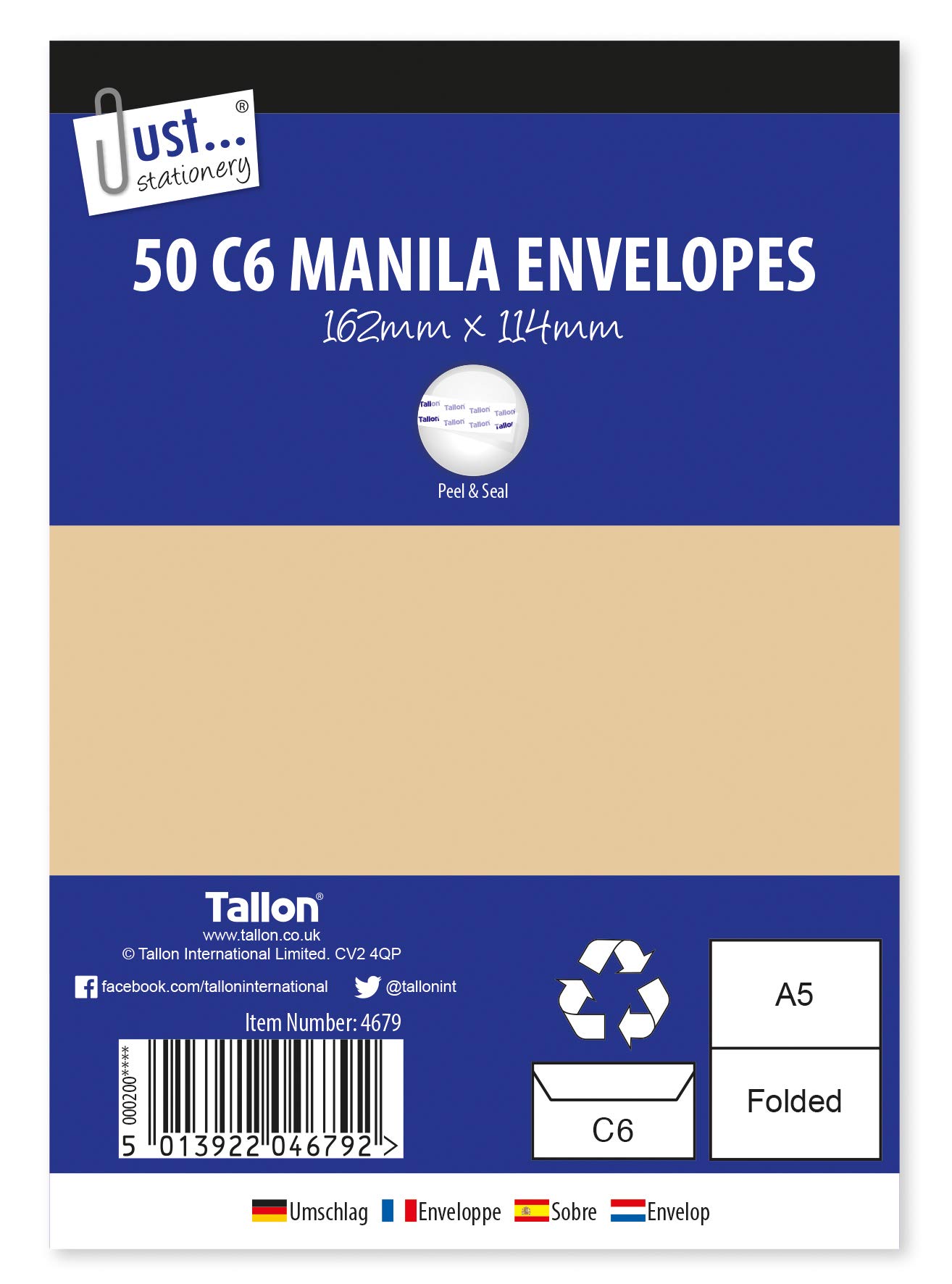 Tallon Just Stationery C6 Peel & Seal Manila Envelopes (Pack of 50), 4679