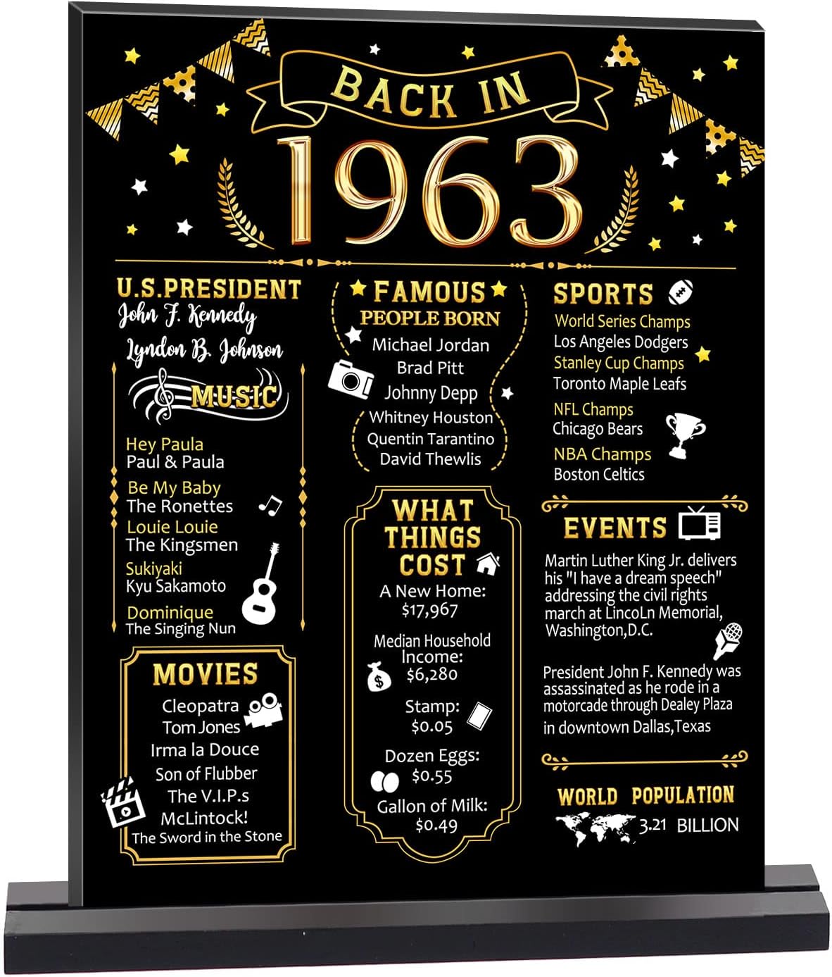 Wall Décor - 60th Birthday Party Decoration, Black Gold Back in 1963 Table Sign with Base Plate, 60 Year Old Birthday Party Supplies, Vintage 1963 Display Holder Table Decorations for Men Women