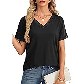 Rooscier Women's Contrast Lace V Neck Short Sleeve Curved Hem Basic Casual T Shirts Tops