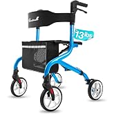PLANET WALK Super Lightweight Rollator Walker for Seniors, Foldable Rolling Walker with Seat and 8" Rubber Wheels for All Terrain, Unique Design Aluminium Frame Sturdy Walkers for Traveling - Blue