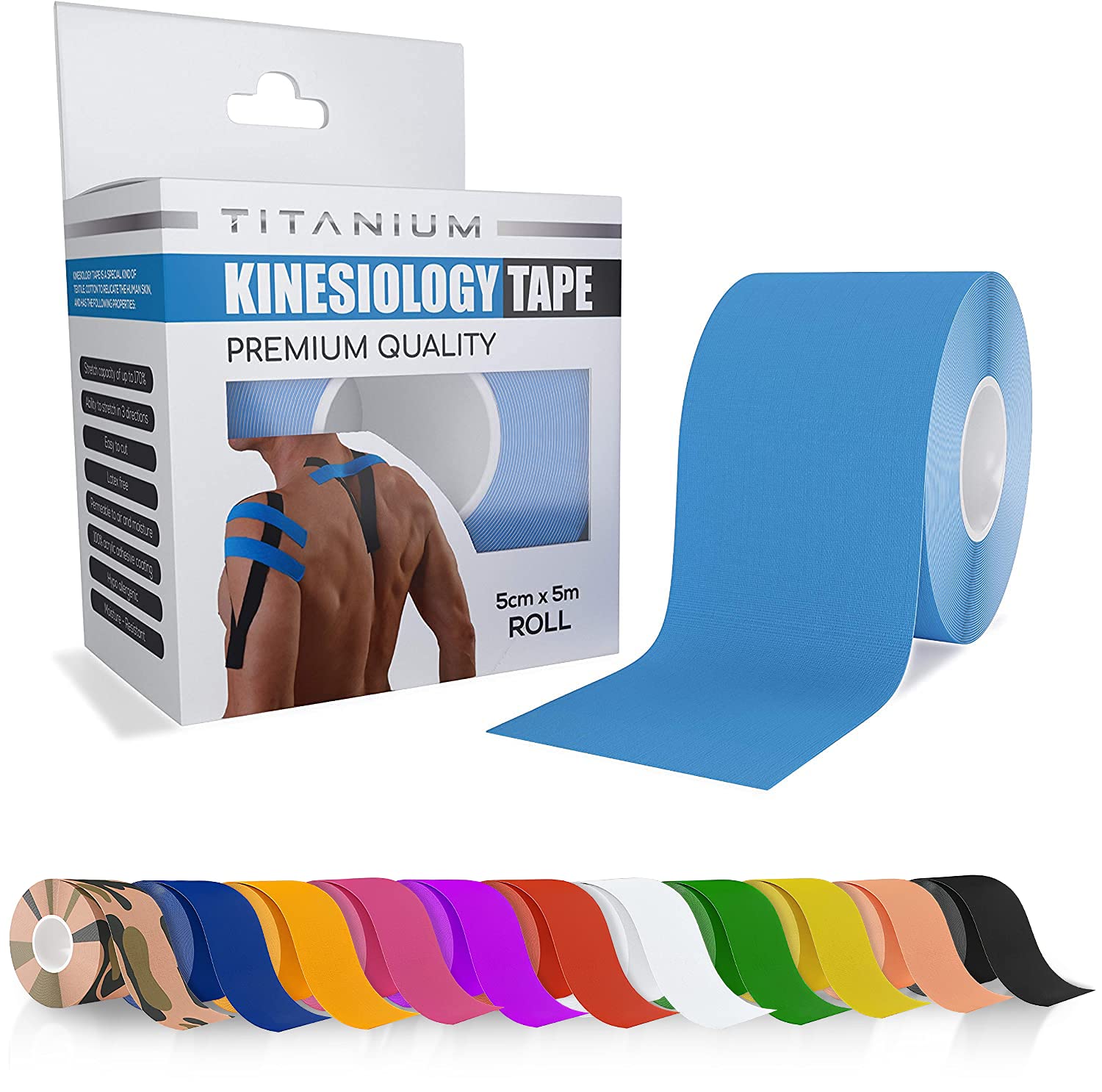 Titanium Sports Kinesiology Tape - 5m Roll of Elastic Water Resistant Tape for Support & Muscle Recovery - Quality Sports Tape