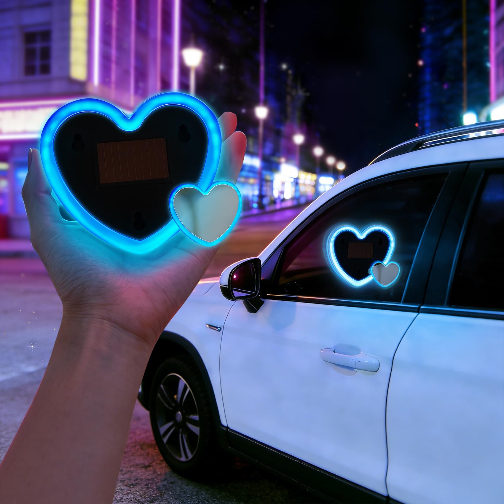 Photo 1 of 2PCS Solar Heart Lights for Car Window - Auto On/Off at Night, No Wiring Needed, Waterproof Romantic Gift for Her/Him, Car Gift Anniversary, Windshield Dashboard Decoration (Blue)