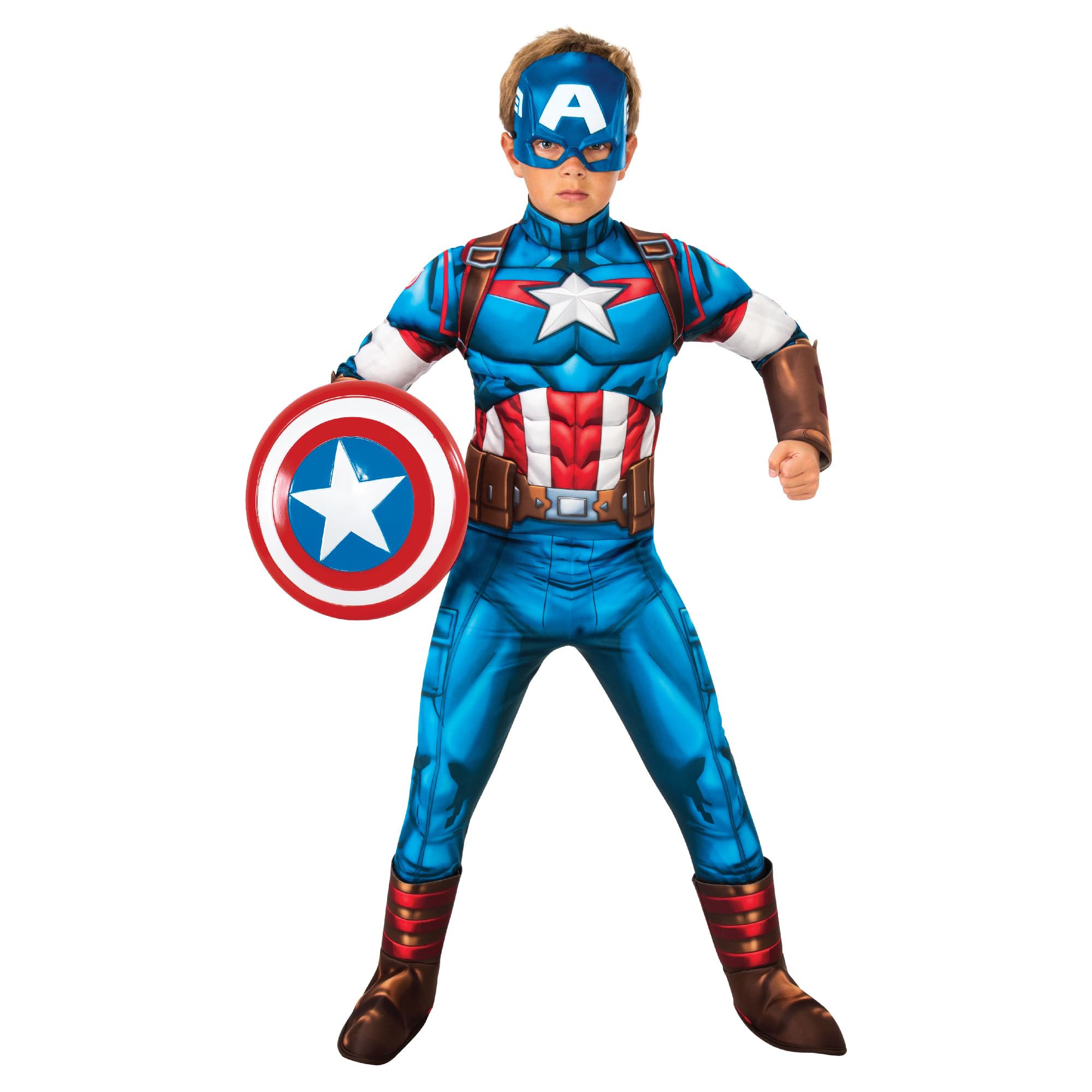 Rubies Captain America Deluxe Boys/Girl Costume with Padded Chest, Boot Cover and Mask, Official Marvel Costume, 7-8 Years (122-128cm) Halloween Halloween