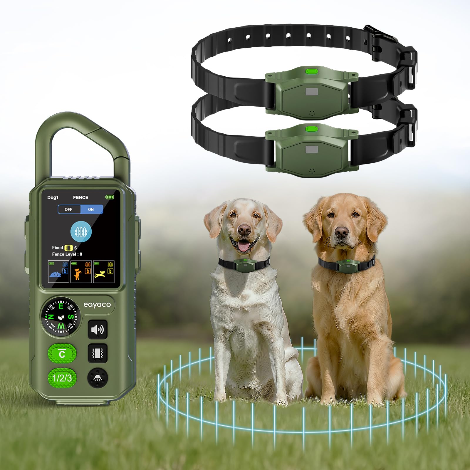 Photo 1 of Wireless Dog Fence - Portable Electric Fence, Dog Shock Collar, Perimeter Containment System with Adjustable Radius up to 656 ft in Open Areas, Waterproof Rechargeable (Olive Green - for 2 Dogs)