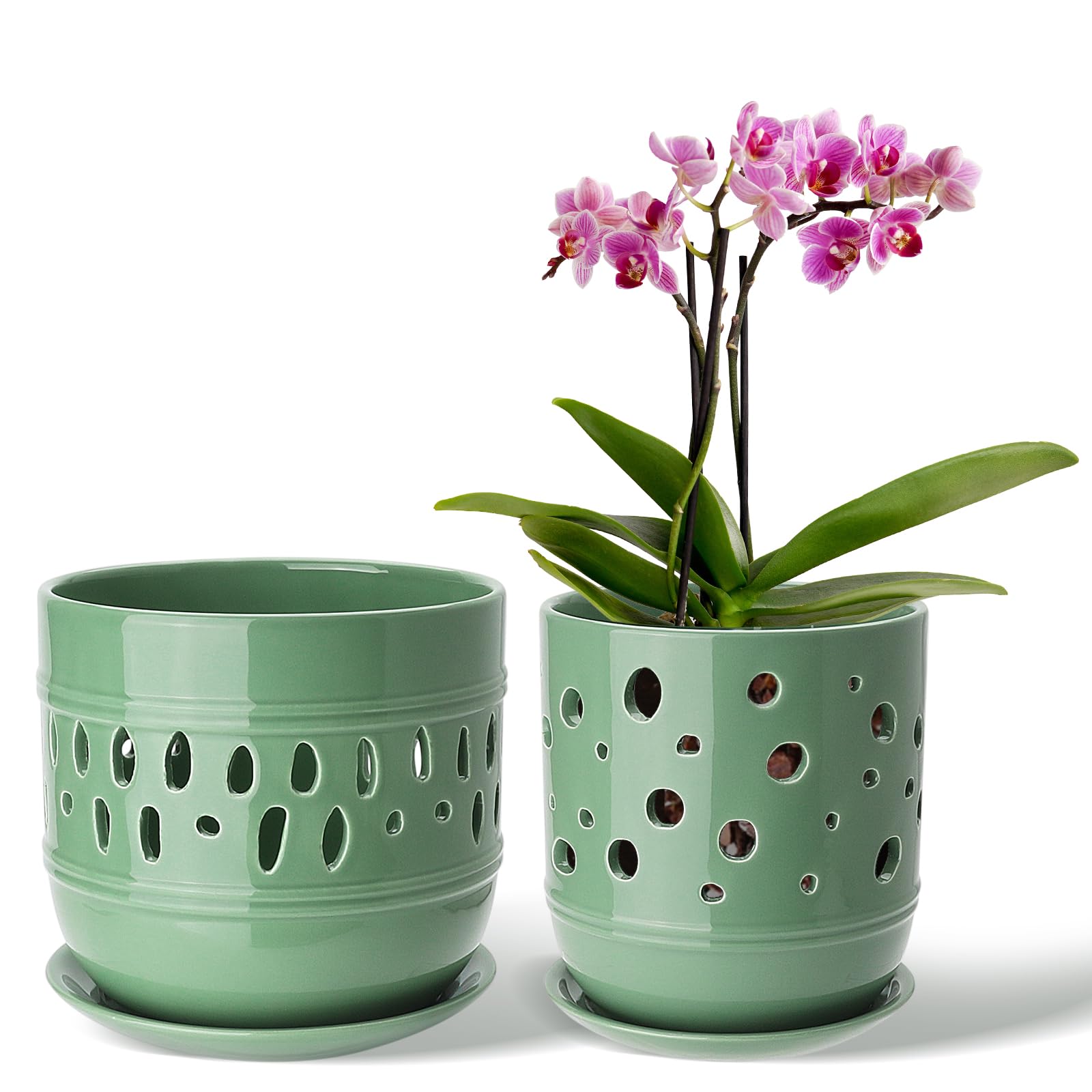 Photo 1 of LITUDISO Ceramic Orchid Pot, 5+6 Inch Orchid Pots with Holes, Promoting Air Circulation and Drainage, Indoor/Outdoor Flower Pots - Pea Green