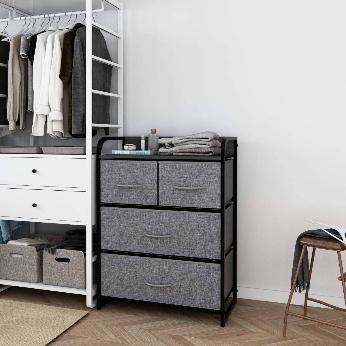 Kamiler 4-Drawer Dresser Storage, 3-Tier Organizer Tower Unit for Bedroom, Hallway, Entryway Closets - Sturdy Steel Frame, Wooden Top, Removable Fabric Bins: Home & Kitchen