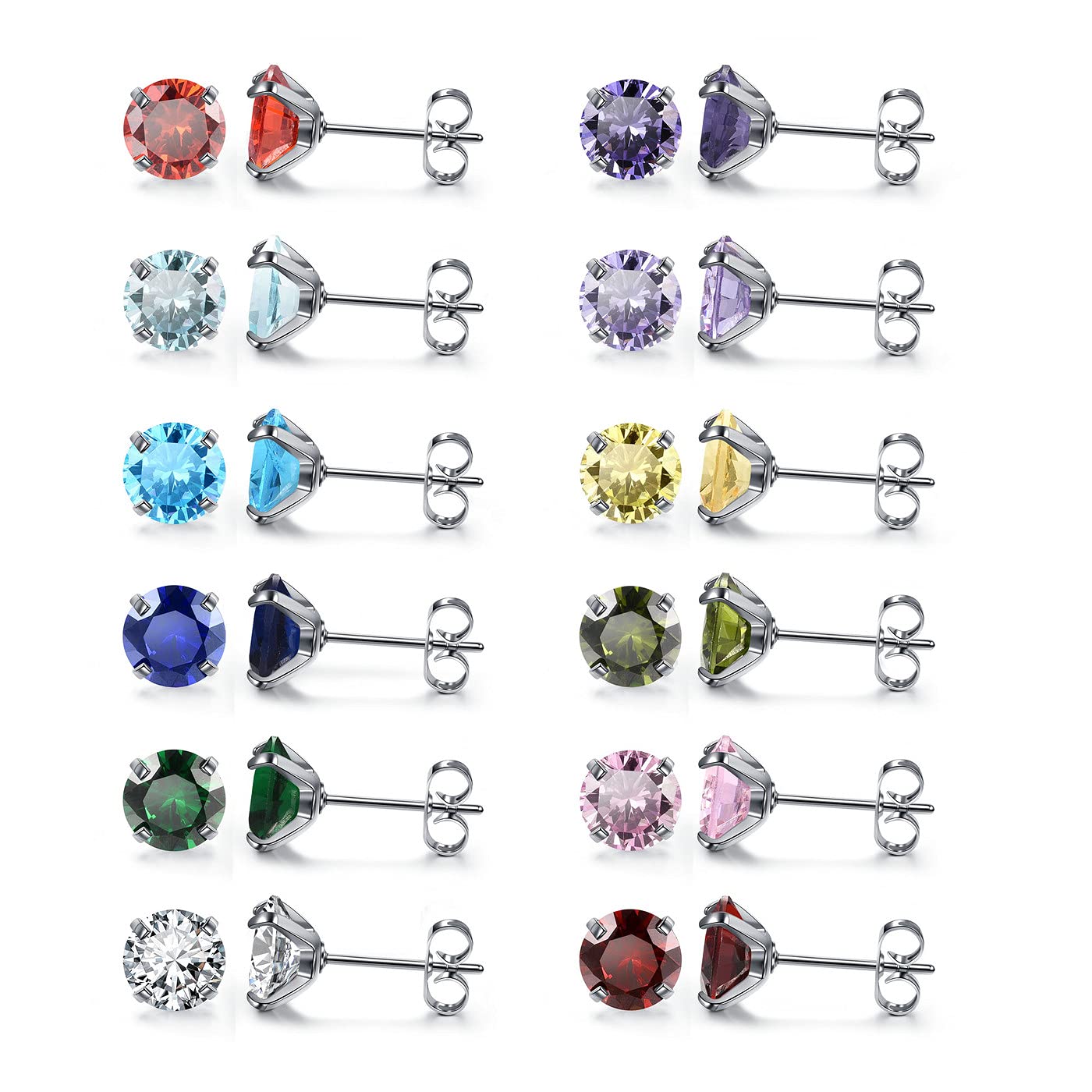 PiercingJak 5 Pairs 20G Hypoallergenic Brithstone Stud Earrings for Women Men Flatback Earrings Stainless Steel Cubic Zirconia Earrings Piercing Ear Cartilage Stud 3mm-8mm