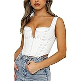 Deep V Neck Sleeveless Corset Corp Top Bustier Y2K Denim Zip Back Coconut Girl Cottagecore Aesthetic for Women