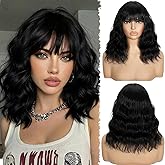 Ellieryan Black Short Wavy Wig with Bangs 14 Inch Curly Bob Wigs for Women Natural Soft Heat Resistant Synthetic Wig for Daily Use & Party Halloween
