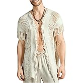 Verdusa Men's Knit Poncho Fringe Loose Cardigan Cape Knit Shawl Wrap Beach Vacation Outfits