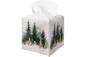 GEURO Winter Pine Tree Tissue Box Holder, Christmas Tree Leather Tissue Box Cover Square, Paper Facial Decorative Tissues Cover for Night Stands Bathroom Kitchen Office Home Decor-B17