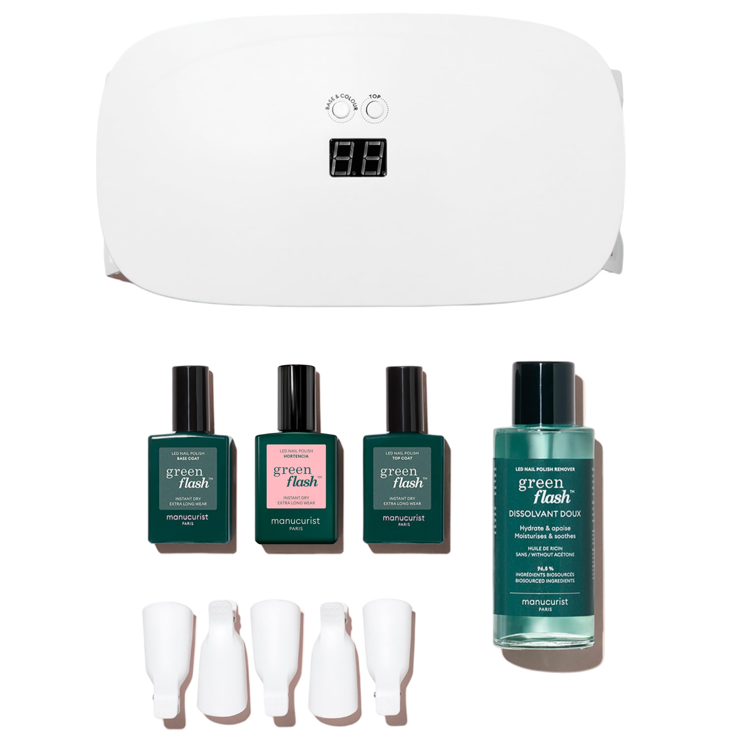 Manucurist Green Flash Slim LED Gel Nail Kit : 24W LED Lamp, Base Coat, Top Coat, Hortencia Pink Polish, Remover, Clips - Gel Nail Polish Set - Gifts for Women