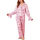 Lshyuehao Valentine Day Pajamas for Women Long Sleeve Button Shirt Lounge Pant Heart Bow Pajamas Silk Satin 2Piece Sleepwear