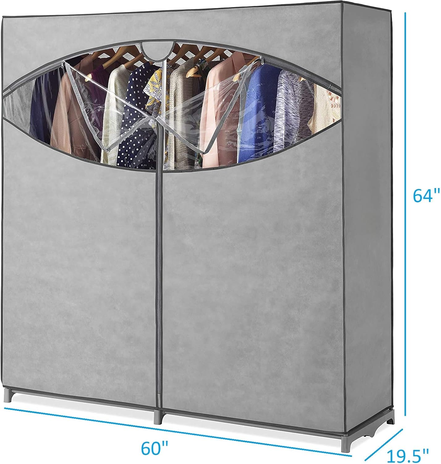 Whitmor Portable Wardrobe Clothes Storage Organizer Closet with Hanging Rack - Extra Wide -Grey Color - No-tool Assembly - Extra Strong & Durable - 60"W x 19.5"D x 64" L - Not for outside use: Home Improvement