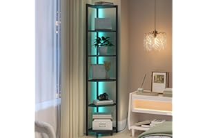 Hzuaneri Corner Shelf with LED Light, 6-Tier Corner Bookshelf, Tall Narrow Display Bookcase with Metal Frame, Standing Shelf 