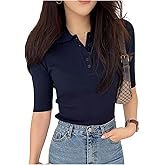 SOLY HUX Women's Short Sleeve Collared Knit Top Summer Button Fitted Golf Shirts Business Casual Tee Tops