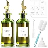 COOLMI Oil Dispenser for Kitchen - 12oz/350ml, Set of 2 Extra Thick Food Grade Glass Olive Oil Dispenser Bottle with Cleaning Brush, Stickers and Funnel (Gold)
