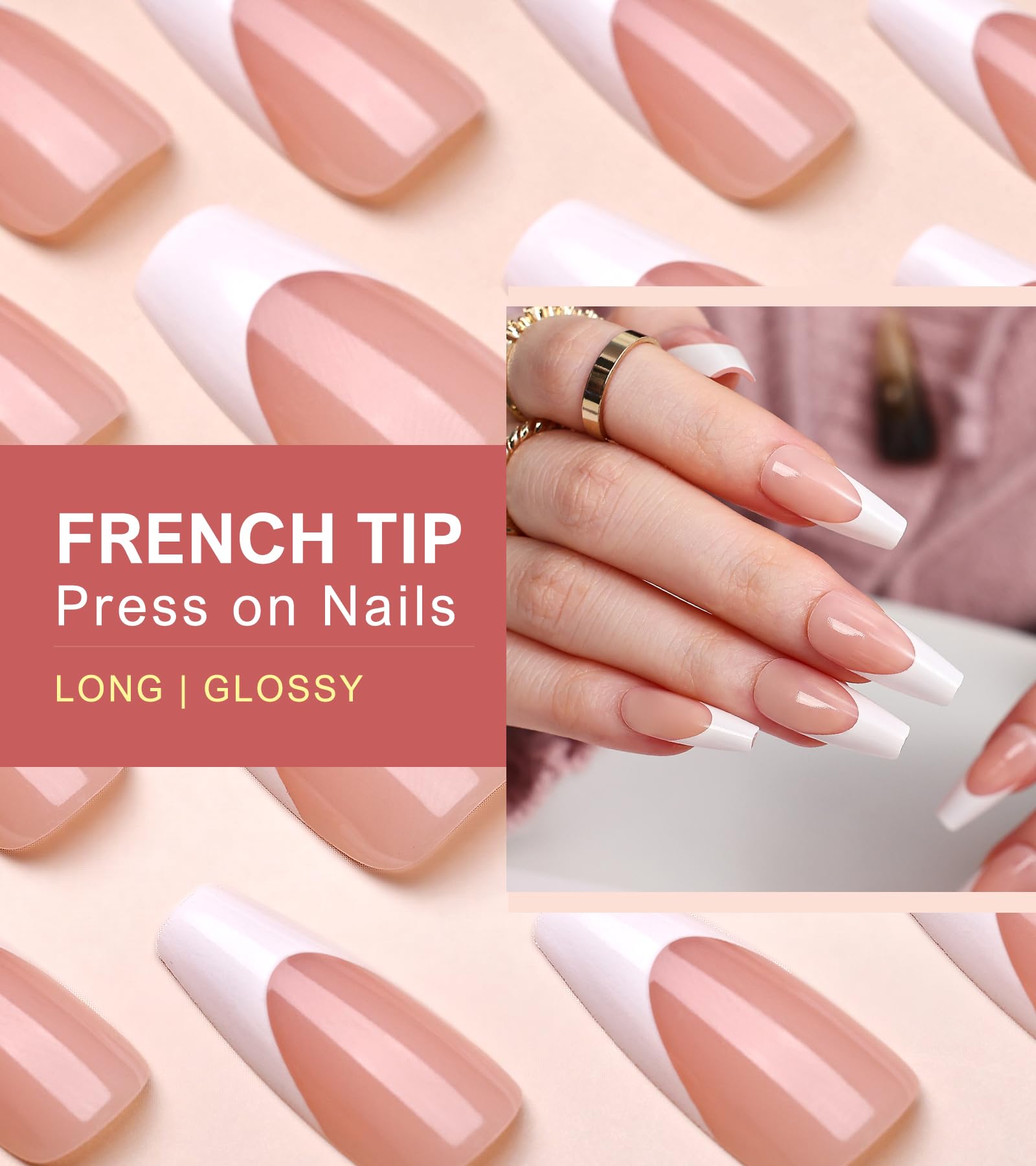Morily Light Pink White French Tip Press on Nails, 30Pcs Long Coffin Thicker Fake Nails Reusable False Nails with Design, Glossy Acrylic Stick on Nails for Women, 15 Sizes, Include Glass File - Image 4