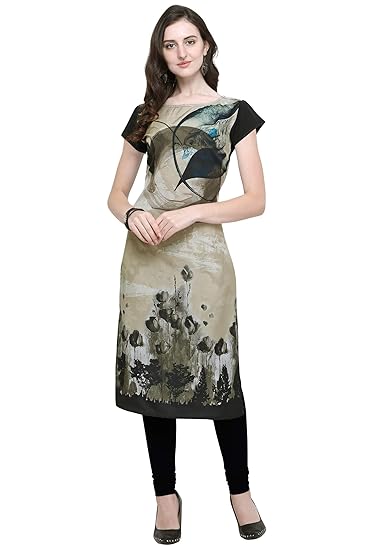 Women's Black Colour Short Sleeve Crepe Straight Kurta(black-liberty-leaves)
