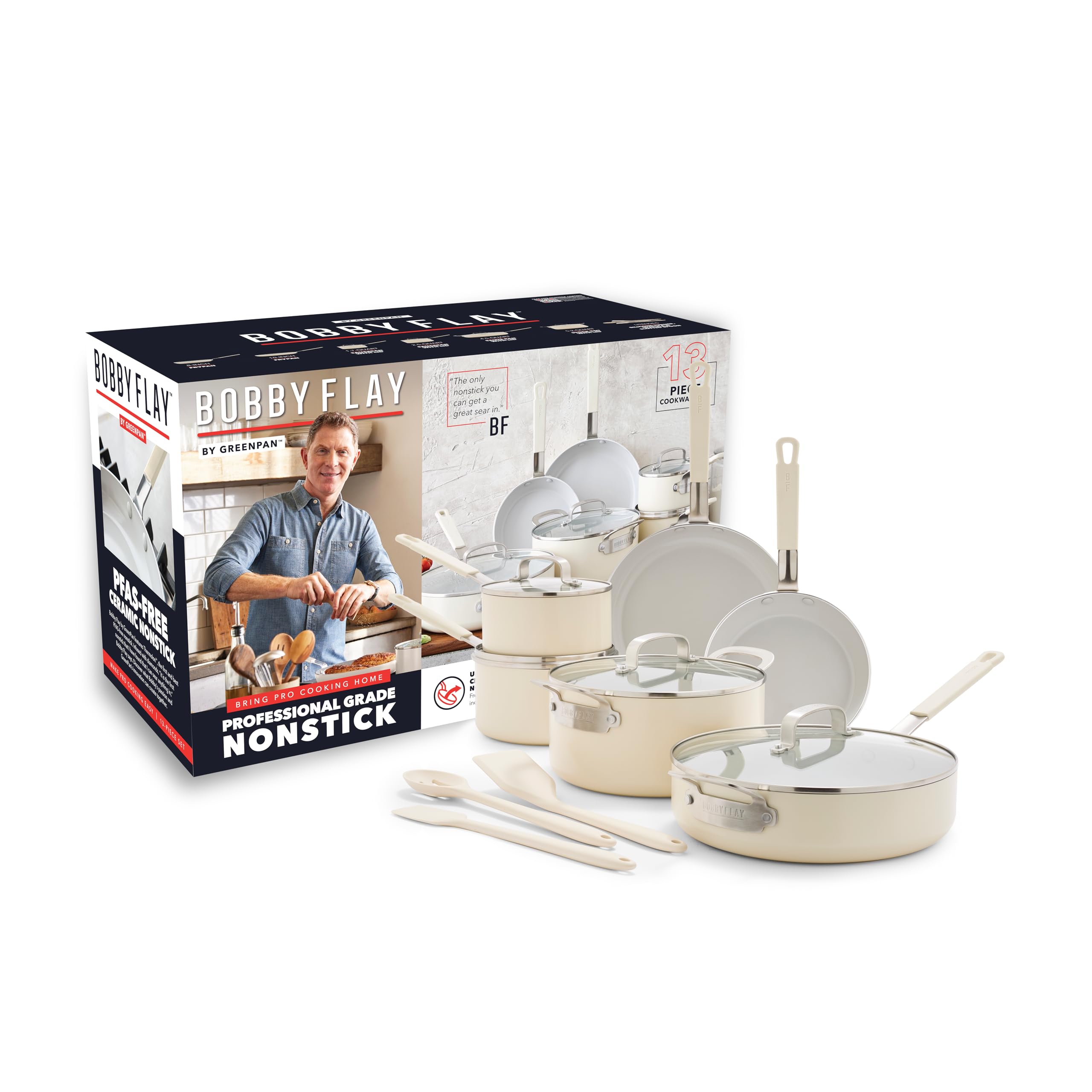 Photo 1 of **HAS DAMAGE**
GreenPan x Bobby Flay 13 Piece Nonstick Cookware Pots and Pans Set, PFAS-Free Diamond Ceramic, Induction Suitable, Easy Clean Dishwasher & Oven Safe, Stay-Cool Silicone Handles, Glass Lids, Cream