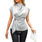 VIDUSSA Womens Dressy Casual Tops - Silk Satin Work Blouse Mock Neck Cap Sleeve Ruched Tie Front Peplum Tunic Shirts